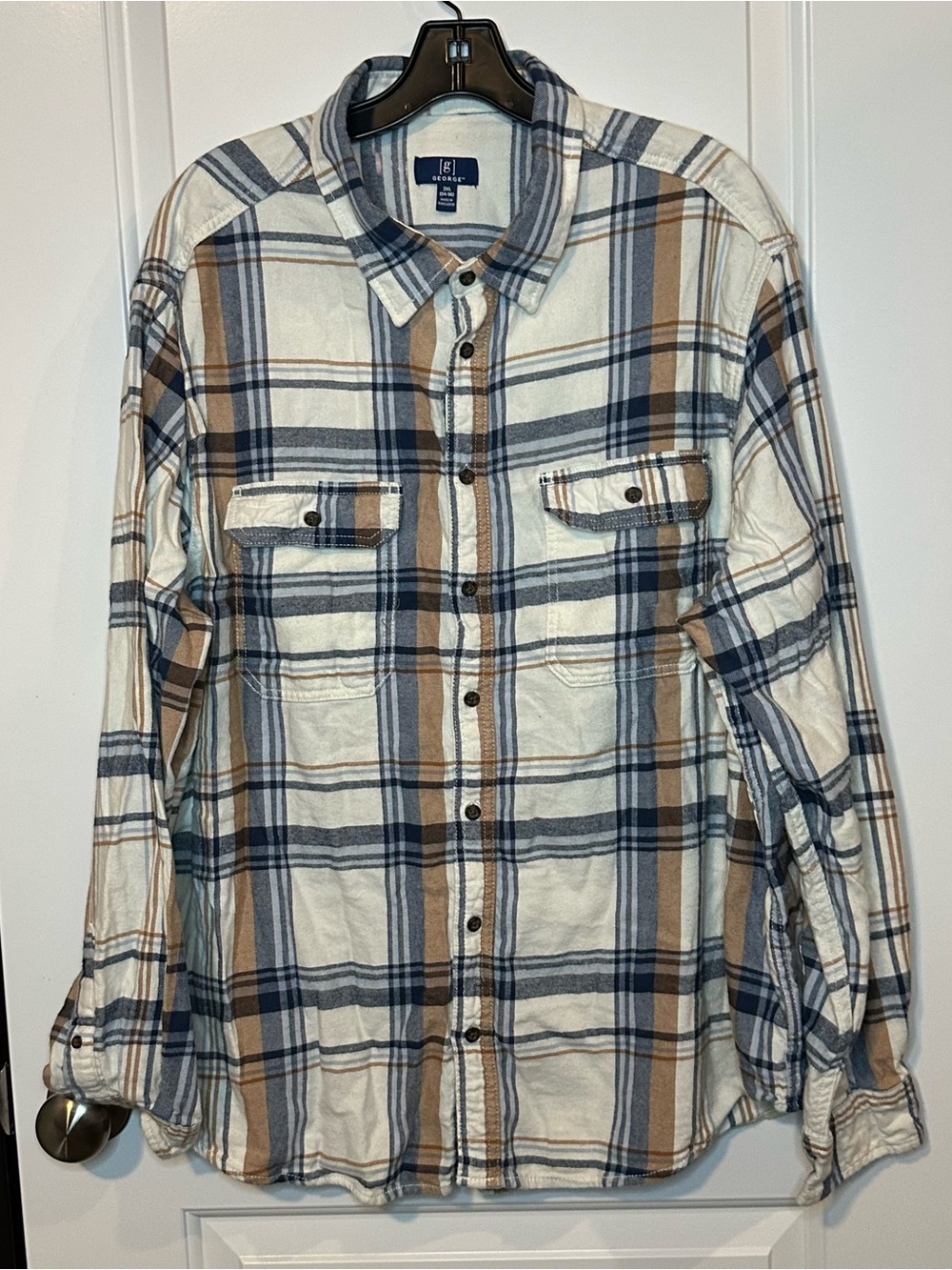 George Plaid Flannel Button Down Shirt| Men’s 3XL |Beige Blue Tone
